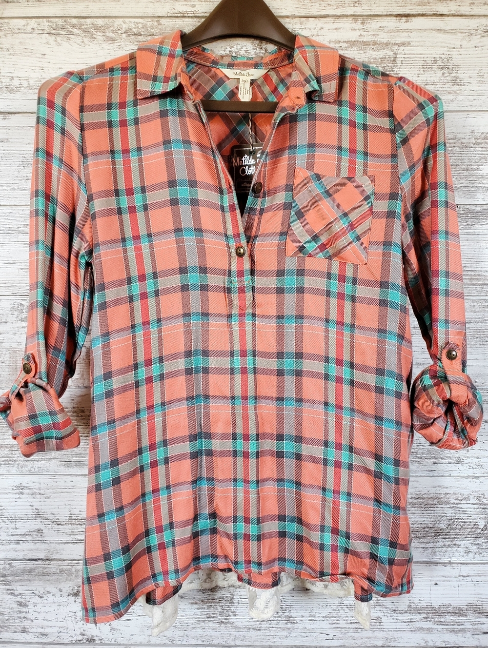 NWT Matilda Jane Noble Plaid Flannel Lace Tunic Top Coral Aqua Boho Blouse - Picture 2 of 16